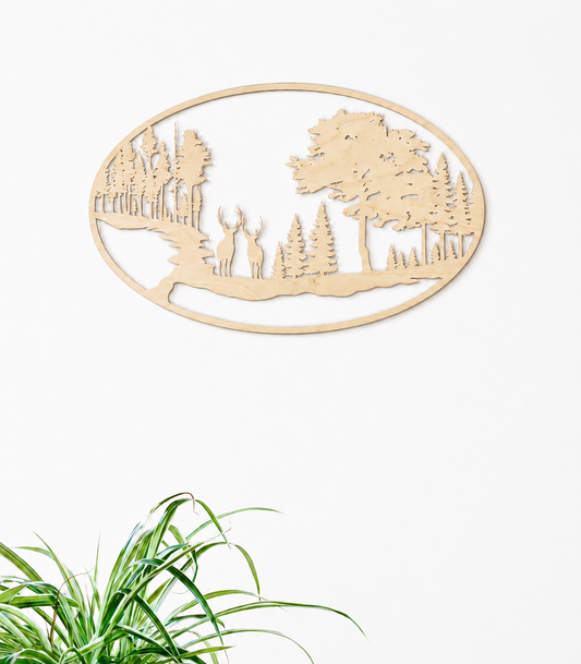 Décoration murale en bois - Cerf dans la forêt (ovale)