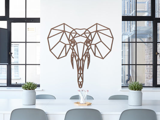 HOUTEN WANDDECORATIE / WOODEN WALL DECORATION - GEOMETRISCHE MUURDECORATIE / GEOMETRIC WALL ART - OLIFANT / ELEPHANT  - DONKER HOUT / DARK WOOD MAHONIE - ORIGAMI DESIGN WANDFIGUUR - TRENDY & HIP WONEN - CADEAU / GIFT / GESCHENK - AFRIKA - DIEREN