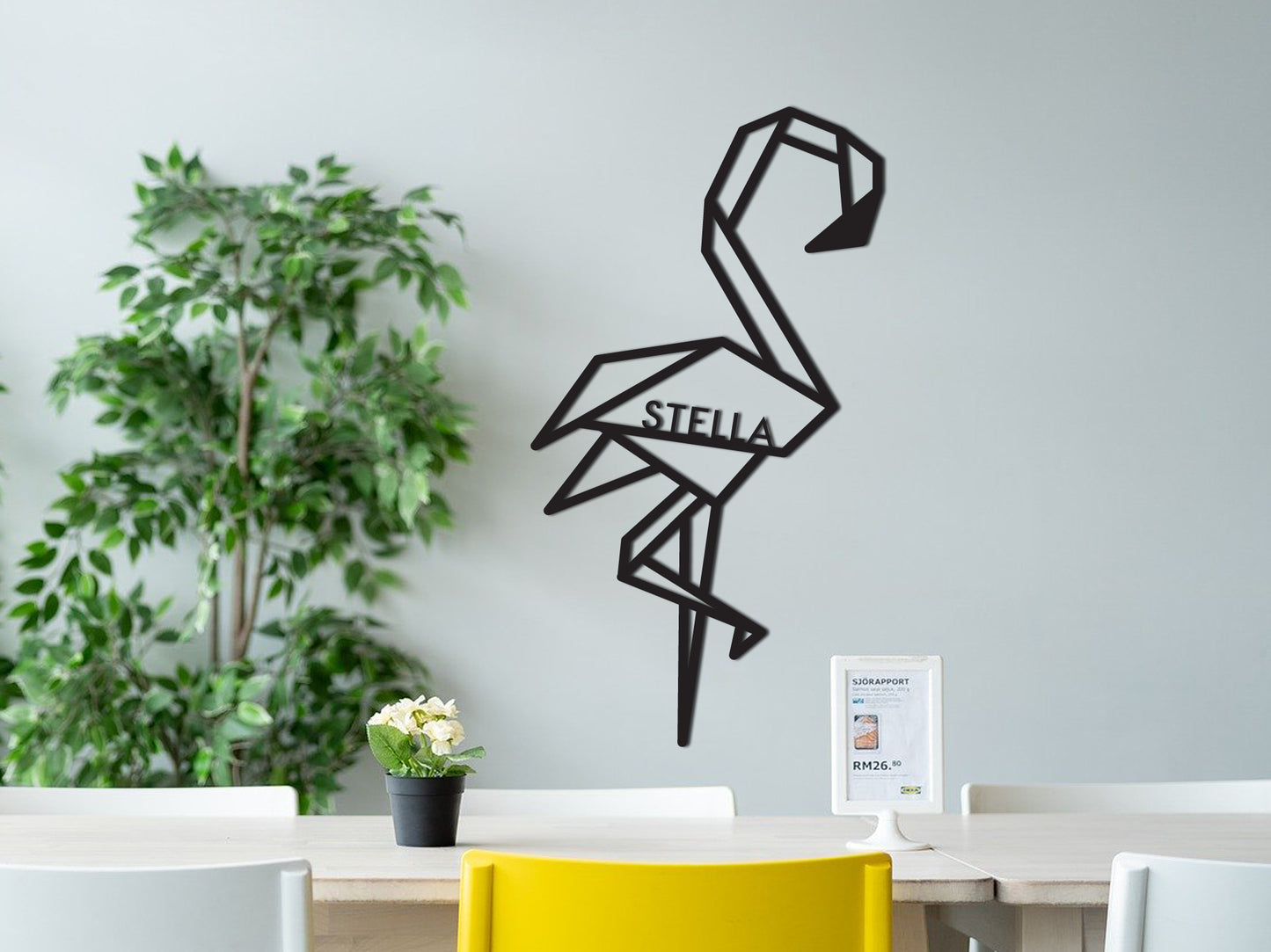 HOUTEN WANDDECORATIE / WOODEN WALL DECORATION - GEOMETRISCHE MUURDECORATIE / GEOMETRIC WALL ART - FLAMINGO -  ZWART / BLACK - WANDDECORATIE WOONKAMER MUURDECORATIE WALL ART GESCHENK DECORATIE INTERIEUR DIEREN MUUR WAND HOUT GIFT- UNIEK KADO CADEAU