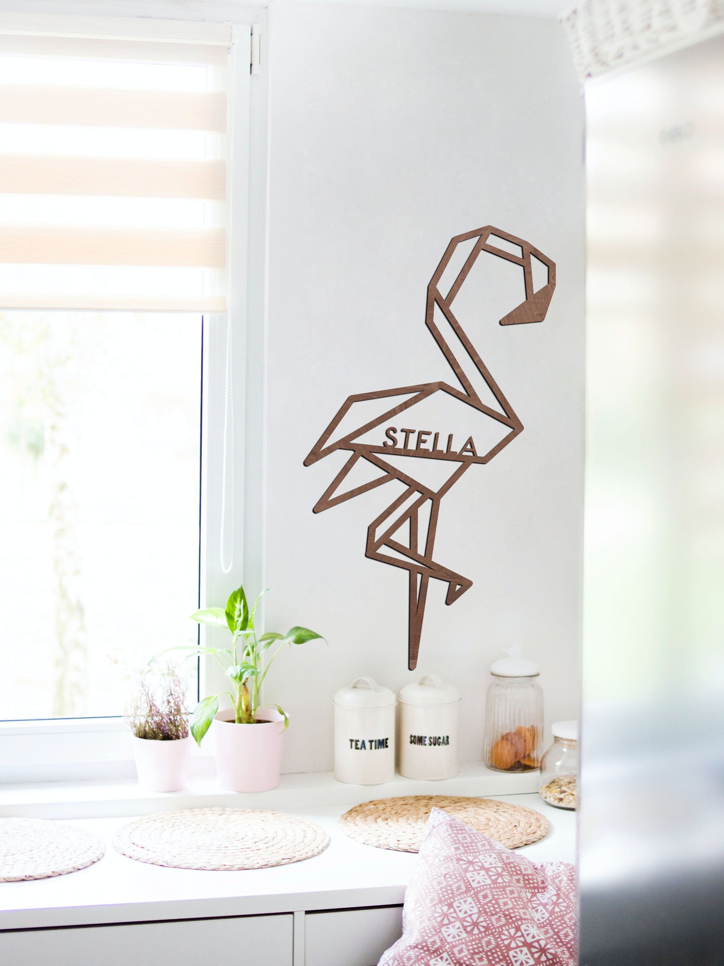 Houten wanddecoratie - Geometrische Flamingo