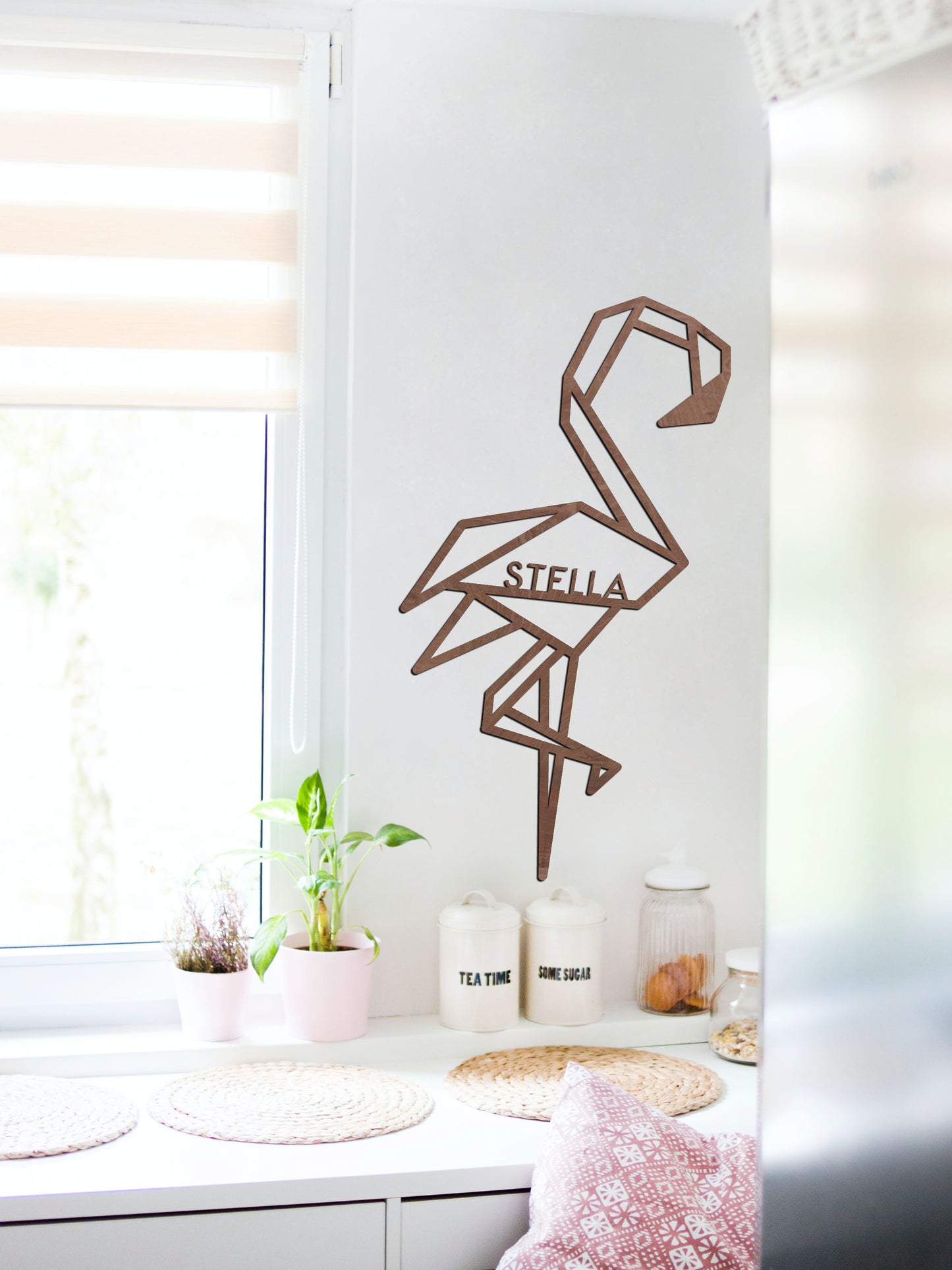 Houten wanddecoratie - Geometrische flamingo