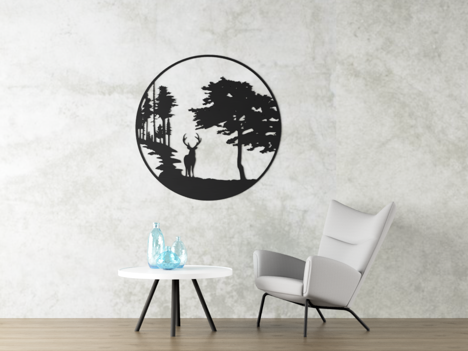 HOUTEN WANDDECORATIE / WOODEN WALL DECORATION - MUURDECORATIE / WALL ART - HERT IN BOS / DEER IN FOREST -  ZWART / BLACK - WANDDECORATIE WOONKAMER MUURDECORATIE/WALL ART - GESCHENK DECORATIE INTERIEUR DIEREN MUUR WAND HOUT GIFT- UNIEK KADO CADEAU Natuur Interior - woonkamer of slaapkamer!