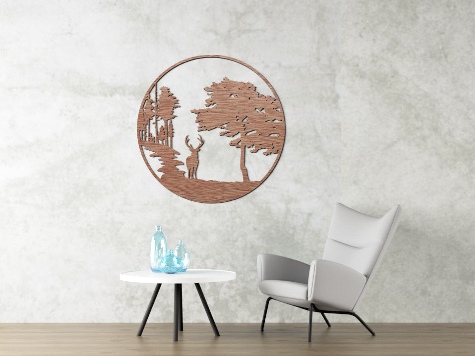 HOUTEN WANDDECORATIE / WOODEN WALL DECORATION - MUURDECORATIE / WALL ART - HERT IN BOS / DEER IN FOREST - Donker hout / Dark wood  - WANDDECORATIE WOONKAMER MUURDECORATIE/WALL ART - GESCHENK DECORATIE INTERIEUR DIEREN MUUR WAND HOUT GIFT- UNIEK KADO CADEAU Natuur Interior - slaapkamer Natuur Interior - slaapkamer-woonkamer inspiratie nature- stijl- modern