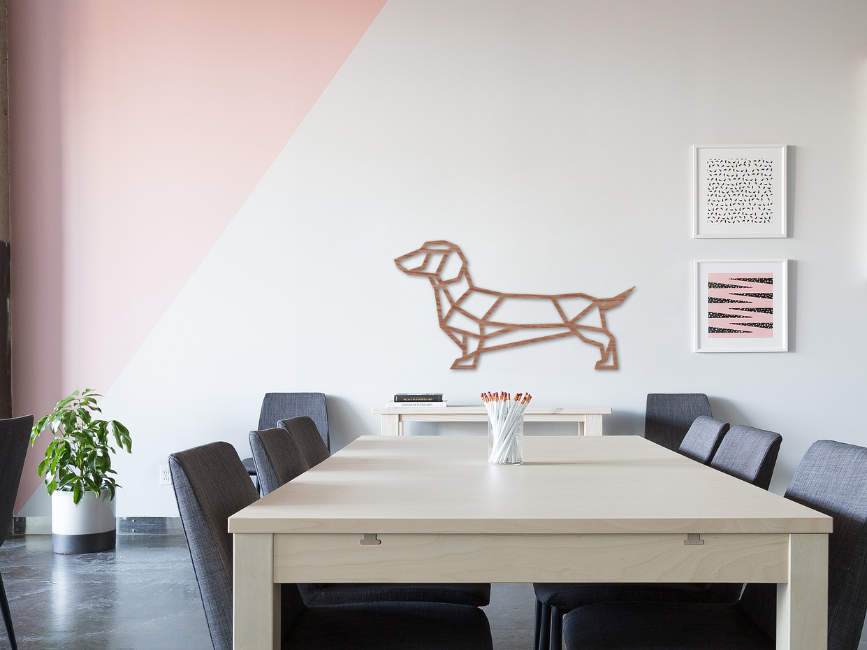 HOUTEN WANDDECORATIE / WOODEN WALL DECORATION - GEOMETRISCHE MUURDECORATIE / GEOMETRIC WALL ART - WORSTHOND / TECKEL / DACHSHUND / WIENERDOG - Donker hout - GEOMETRISCHE MUUR DECORATIE / GEOMETRIC  DOG - HOND WOONKAMER MUURDECORATIE WALL ART GESCHENK DECORATIE INTERIEUR DIEREN MUUR WAND HOUT GIFT- UNIEK KADO  CADEAU
