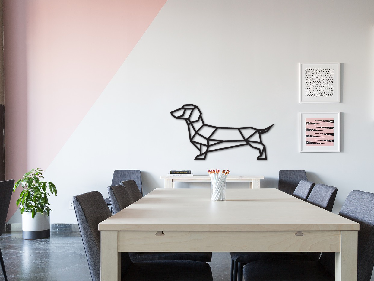 HOUTEN WANDDECORATIE / WOODEN WALL DECORATION - GEOMETRISCHE MUURDECORATIE / GEOMETRIC WALL ART - WORSTHOND / TECKEL / DACHSHUND / WIENERDOG - ZWART / BLACK - GEOMETRISCHE MUUR DECORATIE / GEOMETRIC  DOG - HOND WOONKAMER MUURDECORATIE WALL ART GESCHENK DECORATIE INTERIEUR DIEREN MUUR WAND HOUT GIFT- UNIEK KADO  CADEAU