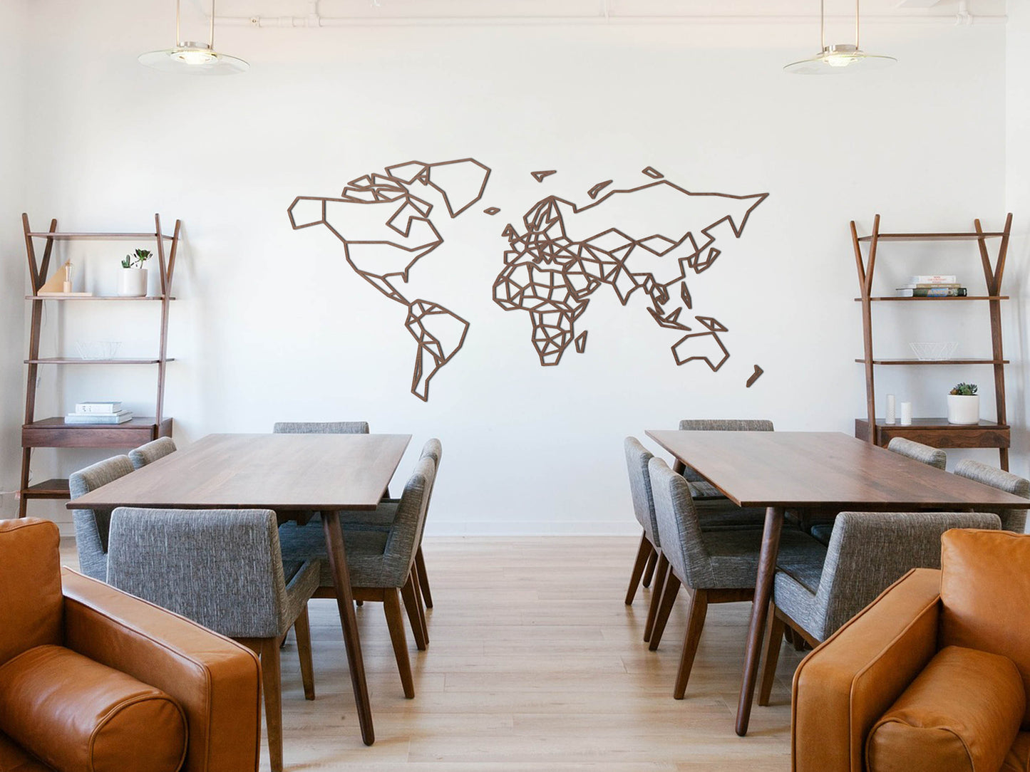 HOUTEN WANDDECORATIE / WOODEN WALL DECORATION - GEOMETRISCHE MUURDECORATIE / WALL ART - WERELDKAART / WORLD MAP - DONKER HOUT / DARK WOOD - ATLAS - STIJLVOL EN TRENDY WOONKAMER - AARDE - CONTINENTEN - AARDRIJKSKUNDE - REIZEN - MODERN
