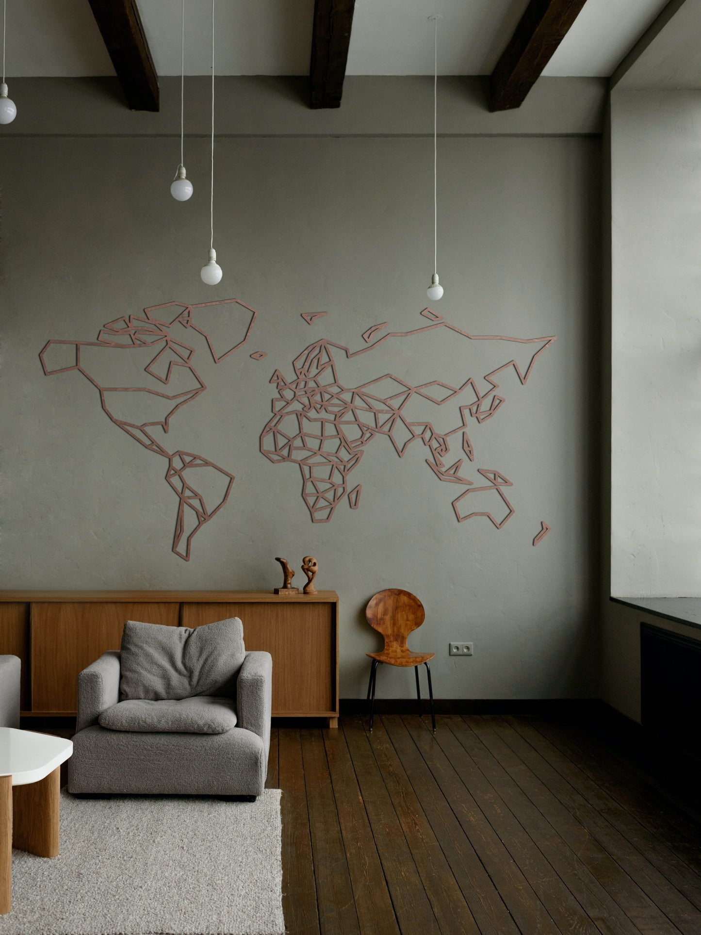 HOUTEN WANDDECORATIE / WOODEN WALL DECORATION - GEOMETRISCHE MUURDECORATIE / WALL ART - WERELDKAART / WORLD MAP - DONKER HOUT / DARK WOOD - ATLAS - STIJLVOL EN TRENDY WOONKAMER - AARDE - CONTINENTEN - AARDRIJKSKUNDE - REIZEN - MODERN