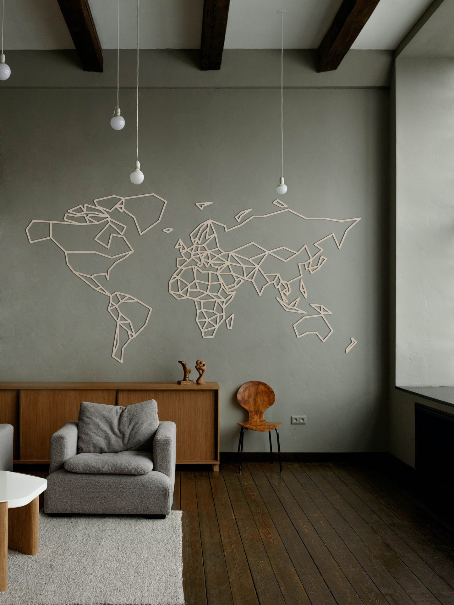 HOUTEN WANDDECORATIE / WOODEN WALL DECORATION - GEOMETRISCHE MUURDECORATIE / WALL ART - WERELDKAART / WORLD MAP -  LICHT HOUT / NATURAL WOOD - ATLAS - STIJLVOL EN TRENDY WOONKAMER - AARDE - CONTINENTEN - AARDRIJKSKUNDE - REIZEN - MODERN