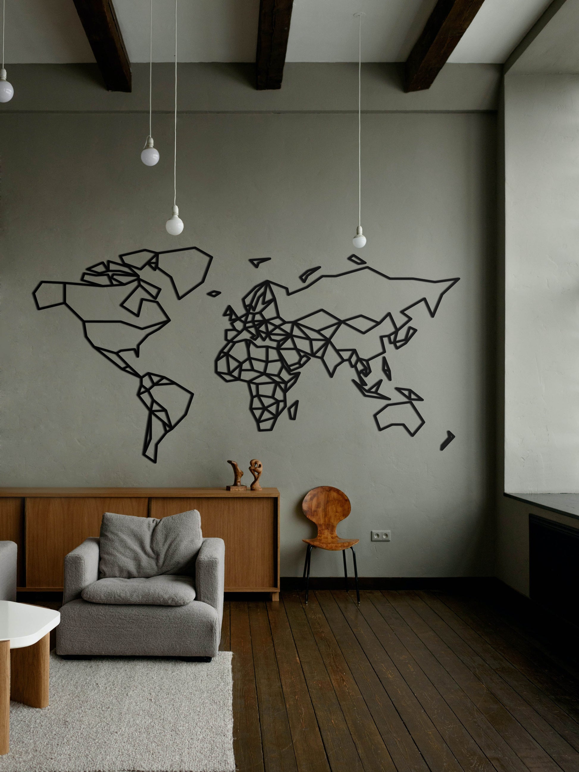 HOUTEN WANDDECORATIE / WOODEN WALL DECORATION - GEOMETRISCHE MUURDECORATIE / WALL ART - WERELDKAART / WORLD MAP - ZWART / BLACK - ATLAS - STIJLVOL EN TRENDY WOONKAMER - AARDE - CONTINENTEN - AARDRIJKSKUNDE - REIZEN - MODERN