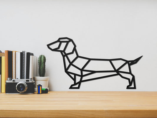 HOUTEN WANDDECORATIE / WOODEN WALL DECORATION - GEOMETRISCHE MUURDECORATIE / GEOMETRIC WALL ART - WORSTHOND / TECKEL / DACHSHUND / WIENERDOG - ZWART / BLACK - ORIGAMI DESIGN WANDFIGUUR - TRENDY & HIP WOONKAMER - HONDEN / DOGS - deco  muurdeco houtenmuurdecoratie decoration decoratie eyecatcher uniek decorationinterieur hout shoplokaal huisdecoratie 