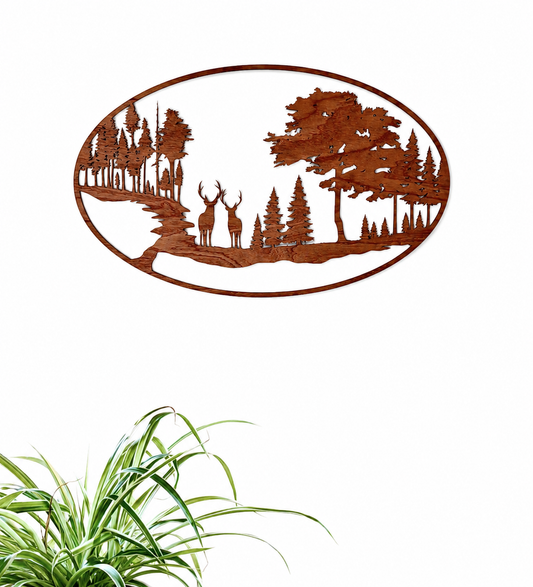 Décoration murale en bois - Cerf dans la forêt (ovale)