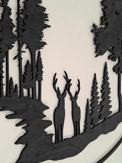 Decoración de pared de madera - Ciervo en el bosque (ovalado)
