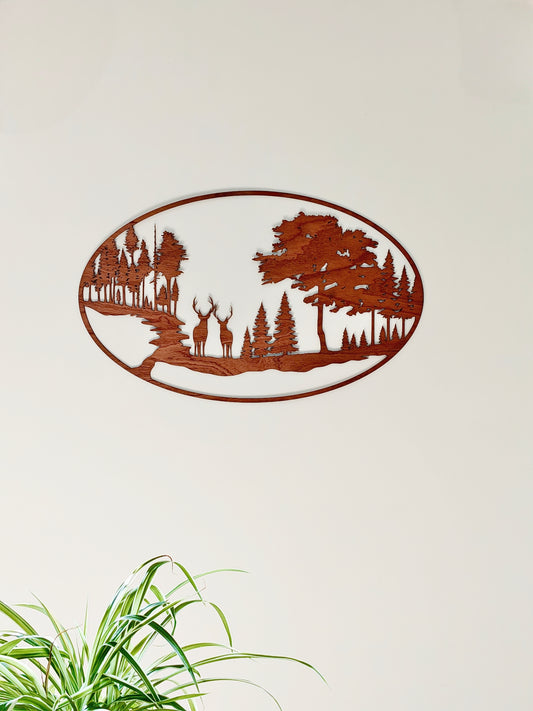 Houten wanddecoratie - Hert in het bos (ovaal)