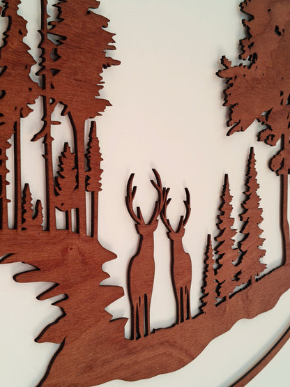 Houten wanddecoratie - Hert in het bos (ovaal)