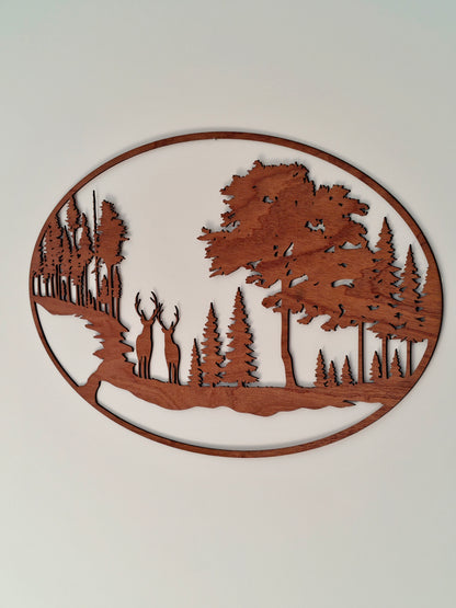 Houten wanddecoratie - Hert in het bos (ovaal)