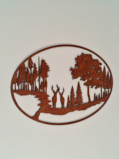 Houten wanddecoratie - Hert in het bos (ovaal)