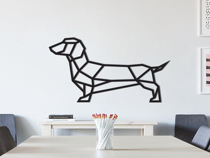 HOUTEN WANDDECORATIE / WOODEN WALL DECORATION - GEOMETRISCHE MUURDECORATIE / GEOMETRIC WALL ART - WORSTHOND / TECKEL / DACHSHUND / WIENERDOG - ZWART / BLACK - GEOMETRISCHE MUUR DECORATIE / GEOMETRIC DOG - HOND WOONKAMER MUURDECORATIE WALL ART GESCHENK DECORATIE INTERIEUR DIEREN MUUR WAND HOUT GIFT- UNIEK KADO CADEAU