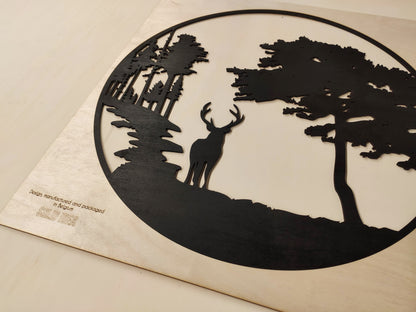 HOUTEN WANDDECORATIE / WOODEN WALL DECORATION - MUURDECORATIE / WALL ART - HERT IN BOS / DEER IN FOREST -  ZWART / BLACK - WANDDECORATIE WOONKAMER MUURDECORATIE/WALL ART - GESCHENK DECORATIE INTERIEUR DIEREN MUUR WAND HOUT GIFT- UNIEK KADO CADEAU Natuur Interior - woonkamer of slaapkamer! 