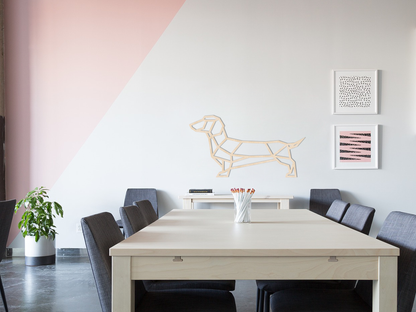 HOUTEN WANDDECORATIE / WOODEN WALL DECORATION - GEOMETRISCHE MUURDECORATIE / GEOMETRIC WALL ART - WORSTHOND / TECKEL / DACHSHUND / WIENERDOG - Natural wood- GEOMETRISCHE MUUR DECORATIE / GEOMETRIC  DOG - HOND WOONKAMER MUURDECORATIE WALL ART GESCHENK DECORATIE INTERIEUR DIEREN MUUR WAND HOUT GIFT- UNIEK KADO  CADEAU