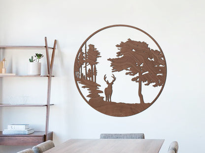 HOUTEN WANDDECORATIE / WOODEN WALL DECORATION - MUURDECORATIE / WALL ART - HERT IN BOS / DEER IN FOREST - Donker hout / Dark wood  - WANDDECORATIE WOONKAMER MUURDECORATIE/WALL ART - GESCHENK DECORATIE INTERIEUR DIEREN MUUR WAND HOUT GIFT- UNIEK KADO CADEAU Natuur Interior - slaapkamer-woonkamer inspiratie  nature- stijl- modern