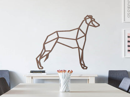 HOUTEN WANDDECORATIE / WOODEN WALL DECORATION - GEOMETRISCHE MUURDECORATIE / GEOMETRIC WALL ART - WINDHOND / GREYHOUND / WHIPPET - DONKER HOUT / DARK WOOD - ORIGAMI DESIGN WANDFIGUUR - TRENDY - CADEAU / GIFT / GESCHENK - HONDEN / DOGS