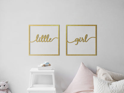 HOUTEN WANDDECORATIE / WOODEN WALL DECORATION - MUURDECORATIE VOOR DE KINDERKAMER / WALL ART FOR KID'S ROOM - WANDTEKST KADER / WALL TEXT FRAME: Little girl - 40cm x 40cm - GOUD / GOLD - WANDFIGUUR - SLAAPKAMER - BABYKAMER - QUOTE / MUURTEKST