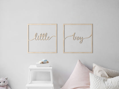 HOUTEN WANDDECORATIE / WOODEN WALL DECORATION - MUURDECORATIE VOOR DE KINDERKAMER / WALL ART FOR KID'S ROOM - WANDTEKST KADER / WALL TEXT FRAME: Little boy - 40cm x 40cm - LICHT HOUT / NATURAL WOOD - WANDFIGUUR - SLAAPKAMER - BABYKAMER - MUURTEKST